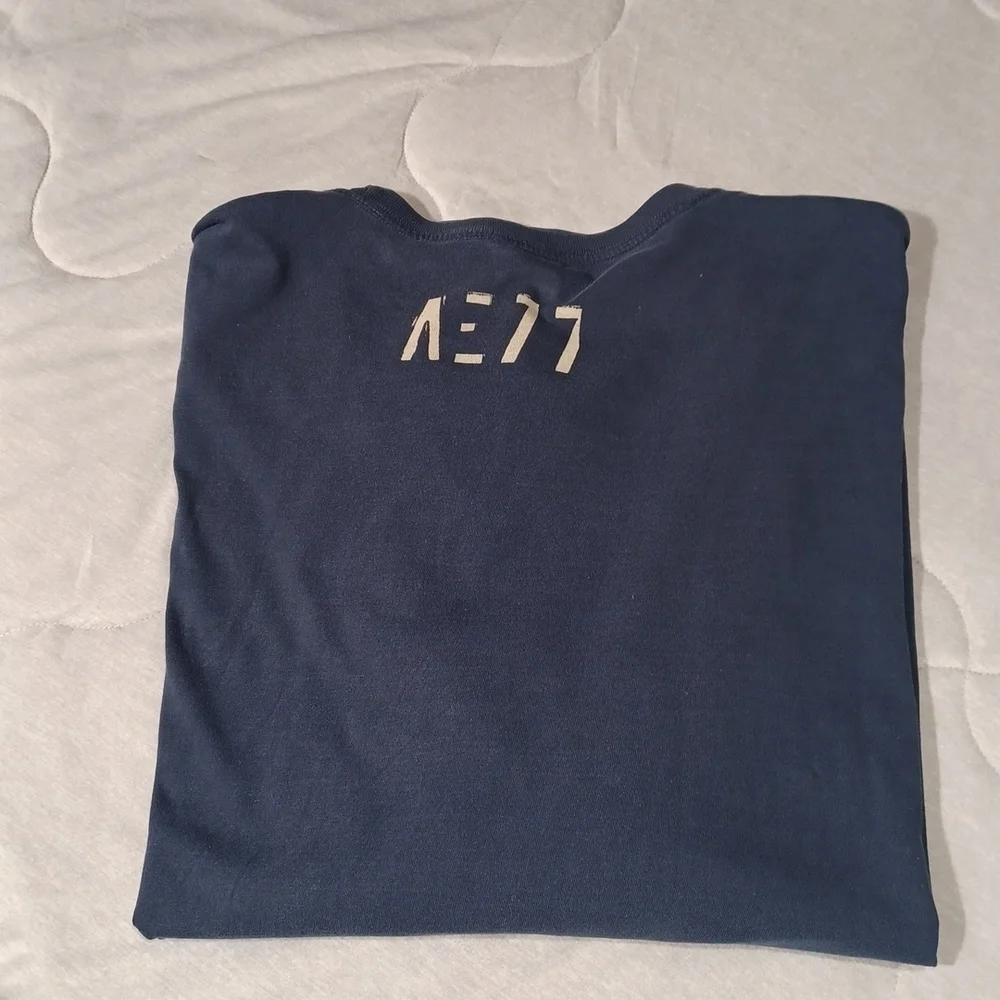 𝅺AMERICAN EAGLE OUTFITTERS MENS SZ XL LONG SLEEVE BLUE TEE SHIRT WITH TAN PRINT - Picture 6 of 6